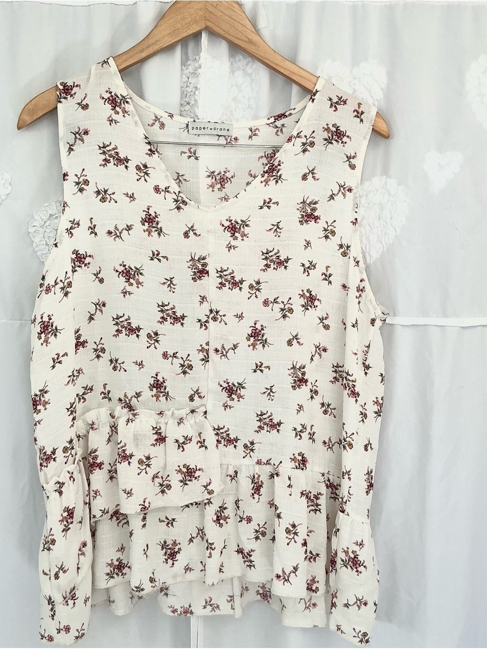 Paper Crane Cream Floral V-Neck Ruffle Tank